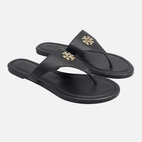 Tory Burch Shoes - Tory Burch Jolie Flat Thong Tumbled Leather Sandal Shoes - Black Sz 9.5 Preppy